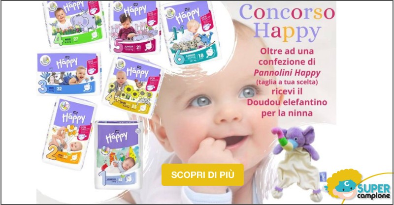 Vinci gratis Doudou Elefantino ninna + pacco di pannolini Happy